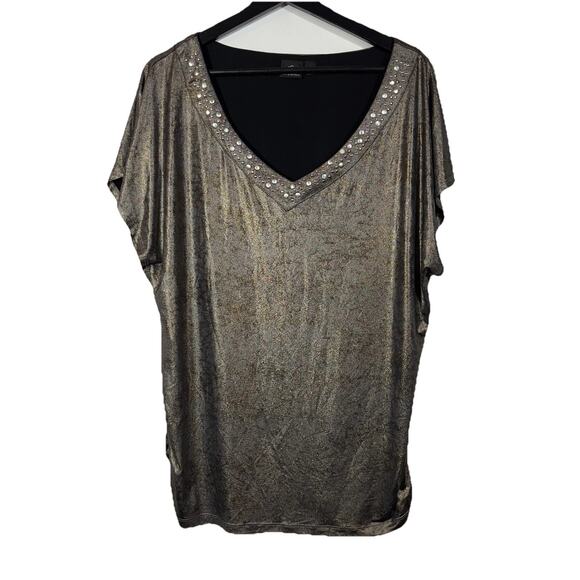Rock & Republic Top Bronze Shimmer Textured Studded Metallic Mixed Metal Holiday - Picture 1 of 11